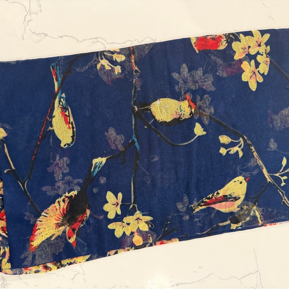 Floral Bird Print Scarf - Blue and Yellow